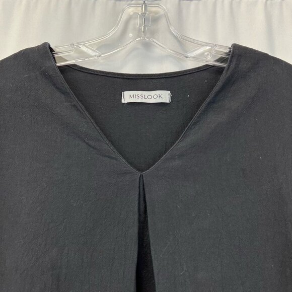 Misslook Womens Shift Dress Solid Black V Neck Long Sleeve Rounded Hemline L - Picture 3 of 11